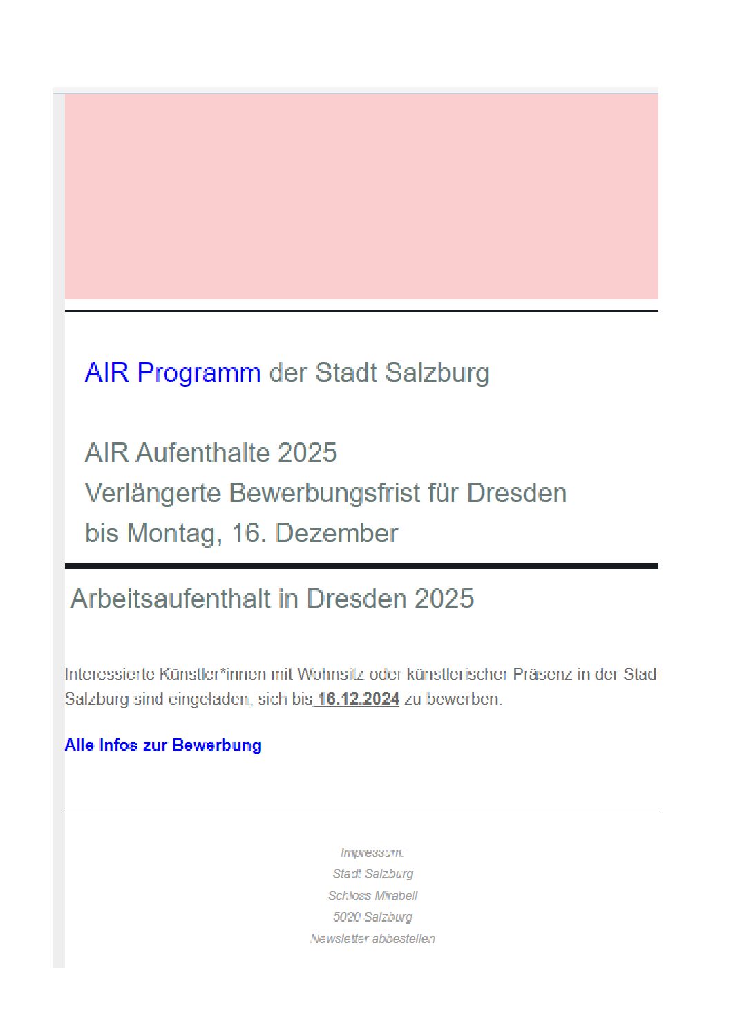 AIR Programm der Stadt Salzburg – AIR Aufenthalte 2025 Verlängerte Bewerbungsfrist für Dresden bis Montag, 16. Dezember 